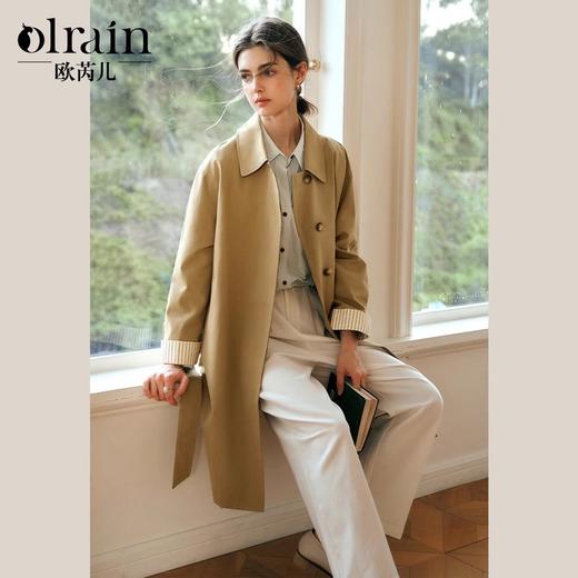 OLrain欧芮儿卡其色风衣女冬季2024新款简约撞色小个子中长款外套 商品图0
