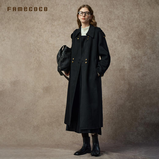 Famecoco范可儿纯羊毛双面呢长款休闲大衣英伦风高级感FAC8AQ003 商品图2