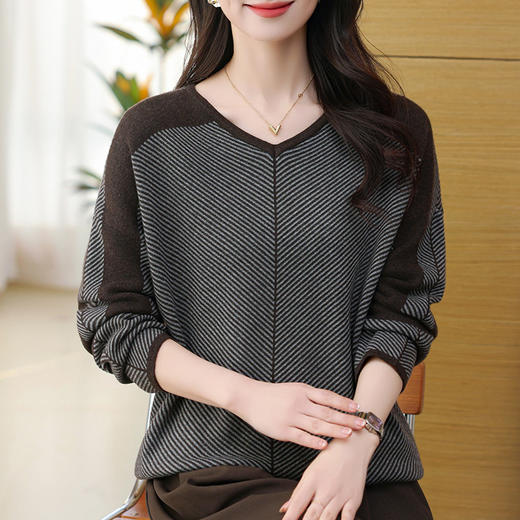 CC-SYX-9036桃心领打底衫女秋冬条纹撞色上衣时髦毛衣大码羊毛针织衫 商品图2