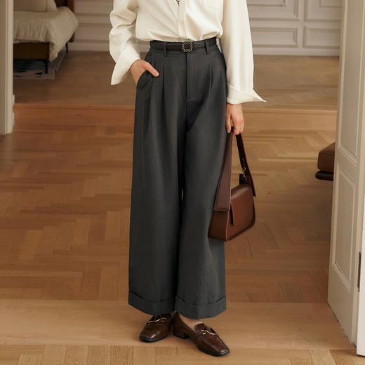 OLrain欧芮儿茶褐色休闲裤女冬季2024年新款纯色气质高腰阔腿裤 商品图3