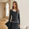 OLrain欧芮儿灰色长袖T恤女冬季2024新款蕾丝一字肩荡领双层上衣 商品缩略图1