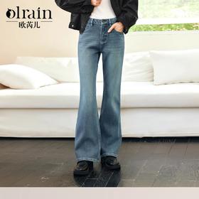 OLrain欧芮儿美式蓝色牛仔裤女冬季2024年新款时尚通勤复古微喇裤