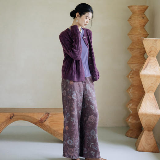 绽放旅行女装844朵/加厚双雨露麻底印花半松紧腰长裤宽松休闲裤 商品图1