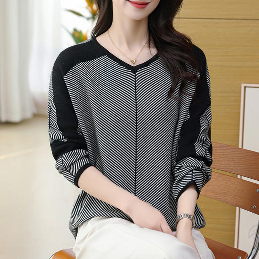 CC-SYX-9036桃心领打底衫女秋冬条纹撞色上衣时髦毛衣大码羊毛针织衫 商品图1