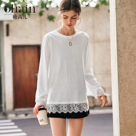 OLrain欧芮儿法式白色T恤女春季2025年新款设计感拼接蕾丝上衣