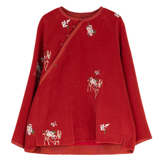 牧衣游原创 匹绣进口澳毛呢套头衫女新款100%羊毛红色上衣 草木香 商品图4