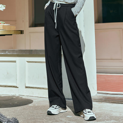 OLrain欧芮儿黑色直筒休闲裤女春季2025年新款松紧高腰显瘦阔腿裤 商品图3