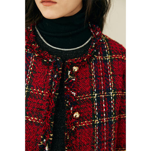 HeyDress格纹毛边小香风外套女冬季宽松显瘦经典圣诞红色厚款上衣 商品图2