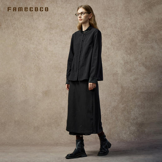 Famecoco范可儿真丝拼接肌理醋酸缎中式立领衬衫FAC8BH002 商品图4
