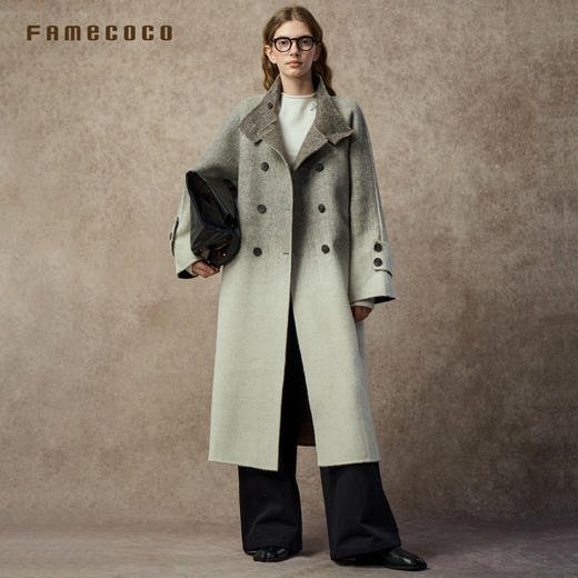 Famecoco范可儿独家双色渐变文艺范立领双面呢长大衣FAC8AQ011 商品图0