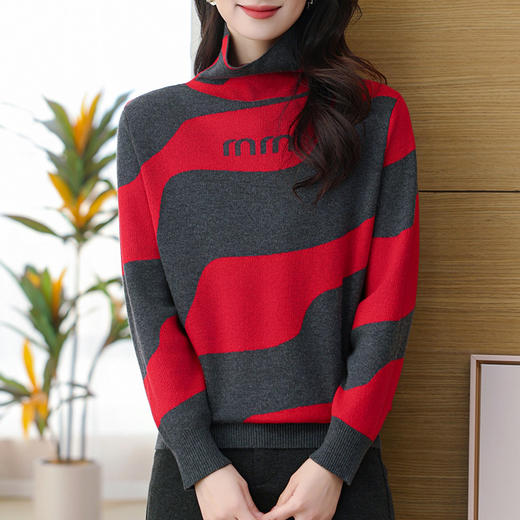 CC-SYX-9035撞色羊毛针织毛衣女秋冬内搭2024新款堆堆领打底衫宽松大码上衣女 商品图0