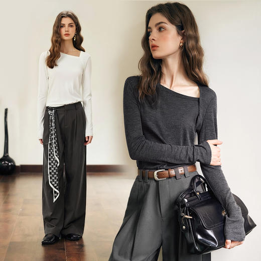 OLrain欧芮儿灰色长袖T恤女冬季2024年新款通勤斜肩设计感打底衫 商品图4