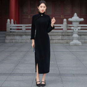 HQ-358高档雪尼尔加绒加厚旗袍2024冬季新款改良新中式国风连衣裙女长款