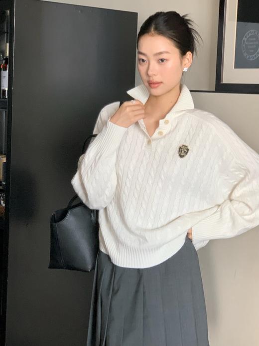 BC24AW秋冬新款老钱金丝徽章绞花羊绒廓形Polo毛衣（UY*DQJB） 商品图0