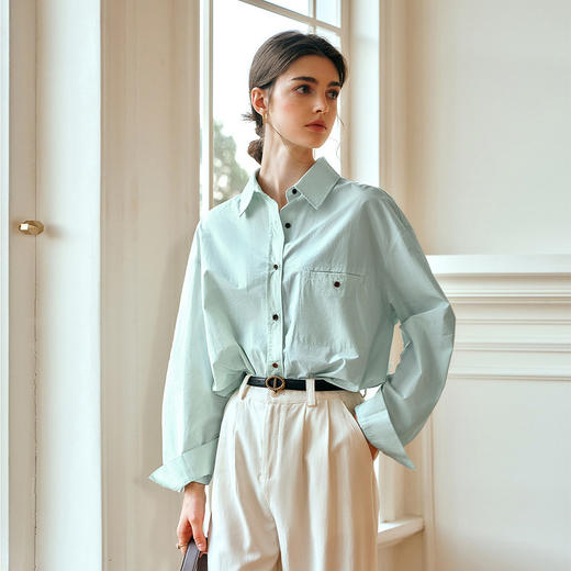 OLrain欧芮儿长袖衬衫女春季2025年新款休闲通勤风宽松一字袋衬衣 商品图1