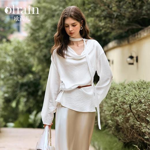 OLrain欧芮儿法式白色雪纺衫女冬季2024年新款慵懒风荡领飘带上衣 商品图0