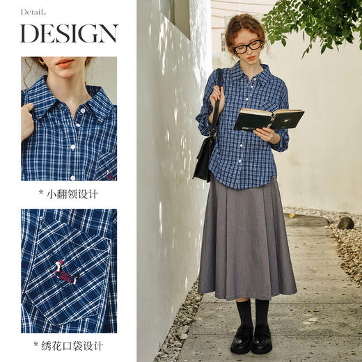 OLrain欧芮儿蓝色格子衬衫女春季2025新款通勤翻领设计感刺绣衬衣 商品图2