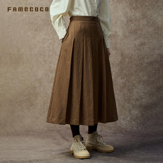 Famecoco范可儿高腰百褶A字裙中式提花遮肉长裙FAC8HA023 商品图1