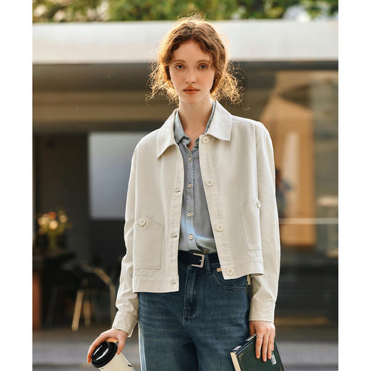 OLrain欧芮儿杏色休闲短外套女春季2025年新款通勤百搭翻领上衣 商品图3