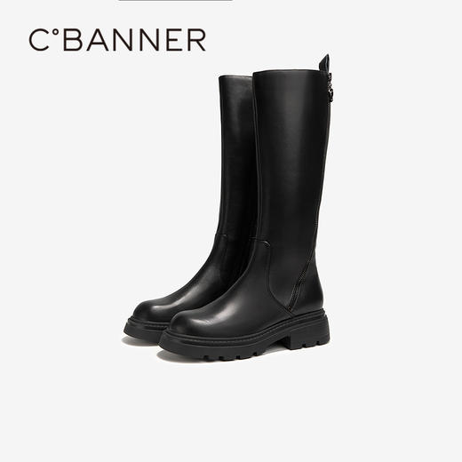 千百度厚底加绒骑士靴女款冬季黑色真皮保暖瘦瘦靴长靴A24632161 商品图1