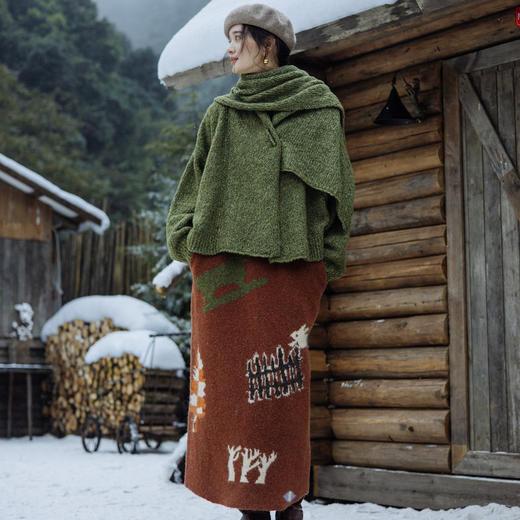 绽放832朵/羊毛卷冬牧场动物主题提花松紧腰百搭毛织半身中长裙 商品图1