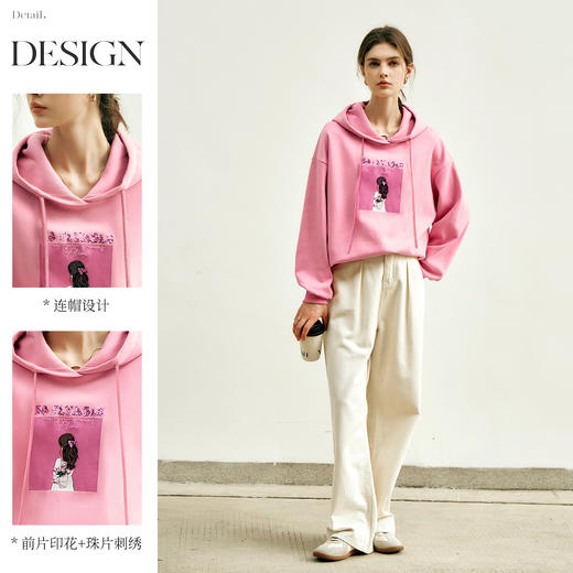 OLrain欧芮儿法式连帽卫衣女冬季2024年新款粉色印花珠片刺绣上衣 商品图2