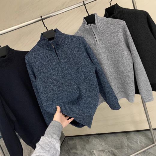 出口欧美！保暖有型！2024秋冬加绒加厚半拉链半高领针织毛衣男！ 商品图2