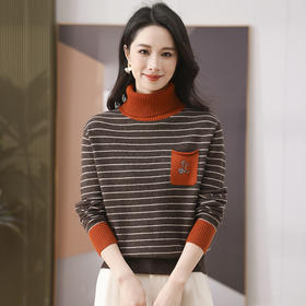 CC-101-35470秋冬季新款时尚条纹毛衣女洋气减龄半高领针织打底衫宽松上衣