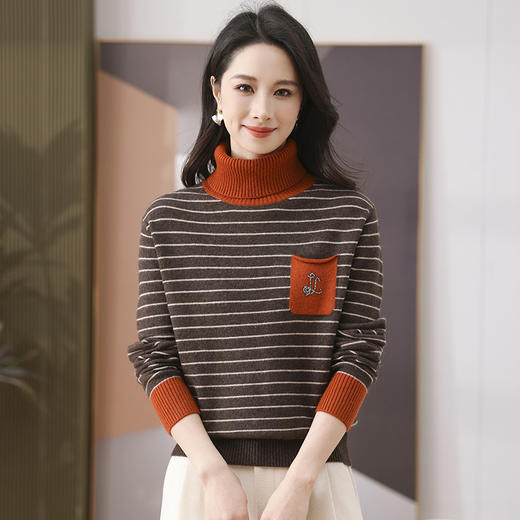 CC-101-35470秋冬季新款时尚条纹毛衣女洋气减龄半高领针织打底衫宽松上衣 商品图0
