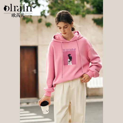 OLrain欧芮儿法式连帽卫衣女冬季2024年新款粉色印花珠片刺绣上衣 商品图0