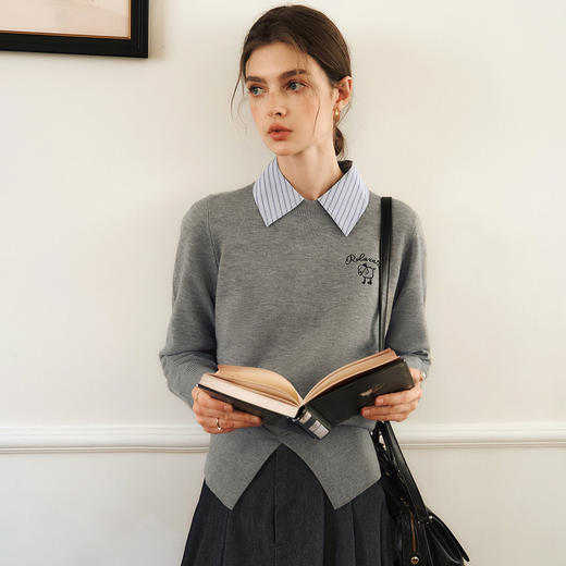 OLrain欧芮儿灰色套头针织衫女冬季2024年新款通勤开叉圆领长袖 商品图4