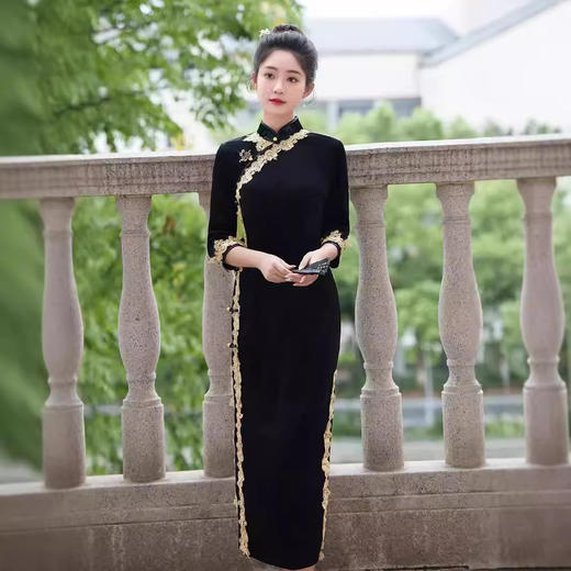 新中式国风长款，改良丝绒旗袍GSJ965 商品图1