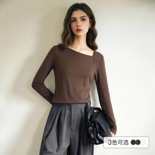 OLrain欧芮儿灰色长袖T恤女冬季2024年新款通勤斜肩设计感打底衫 商品图2