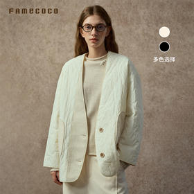 Famecoco范可儿菱格纹V领宽松休闲无领轻薄棉服外套FAC8AE002