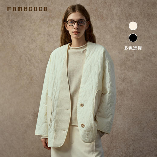 Famecoco范可儿菱格纹V领宽松休闲无领轻薄棉服外套FAC8AE002 商品图0