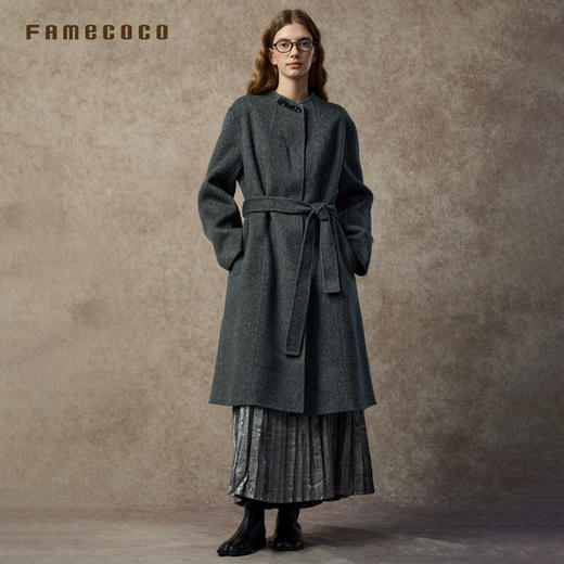 Famecoco范可儿文艺气质高级羊驼毛无领大衣FAC8AQ005 商品图4