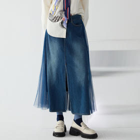 谜底牛仔拼接网纱半身裙2025春新品复古文艺宽松中长裙251MB0035