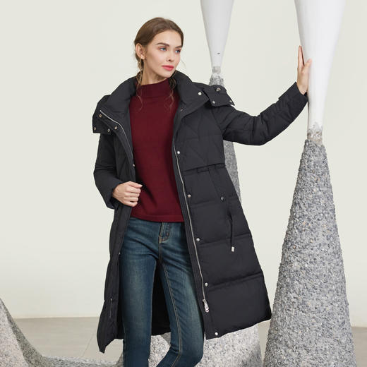 半身缘女装 冬季修身时尚拼色收腰连帽长款羽绒服244313M01713312 商品图2