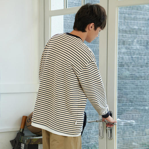 714street毛巾料条纹长袖T恤男女2025春季新款情侣装宽松圆领毛衣 商品图4