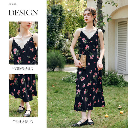 OLrain欧芮儿黑色碎花连衣裙女春季2025年新款法式玫瑰印花吊带裙 商品图2