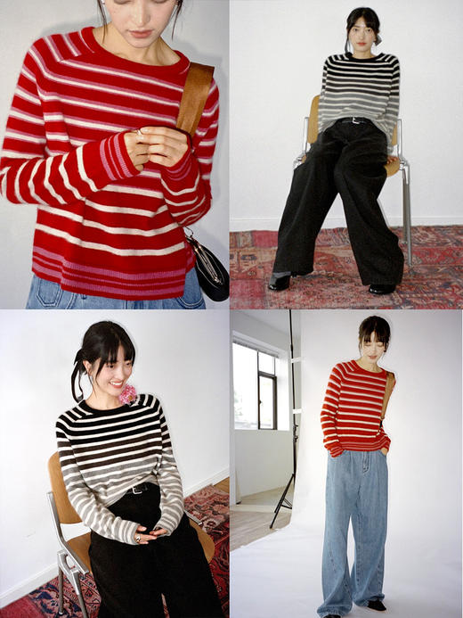 【现货】Even Vintage|经典活力 浣熊绒羊毛混纺短款宽松版撞色细条纹毛衣 商品图1