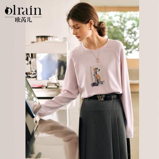 OLrain欧芮儿紫色长袖T恤女冬季2024年新款通勤百搭卡通印花上衣 商品图0