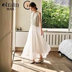 OLrain欧芮儿法式连衣裙女春季2025年新款拼接粗花呢百褶网纱长裙
