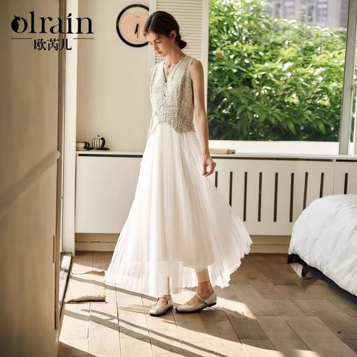 OLrain欧芮儿法式连衣裙女春季2025年新款拼接粗花呢百褶网纱长裙 商品图0