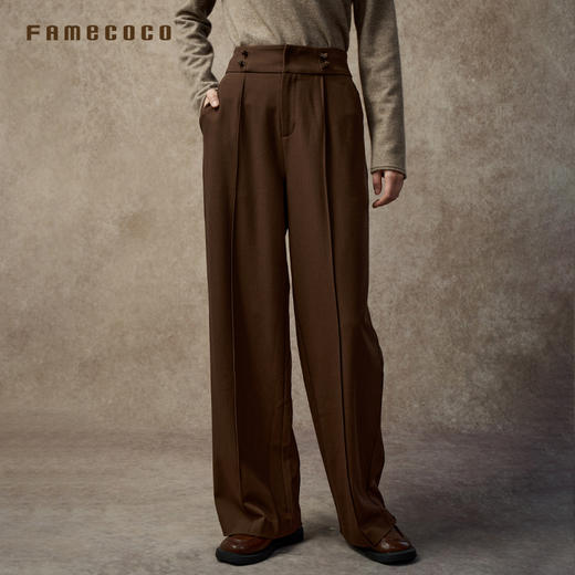 Famecoco范可儿中式宽腰头盘扣梭织宽松直筒显瘦长裤FAC8GA008 商品图0