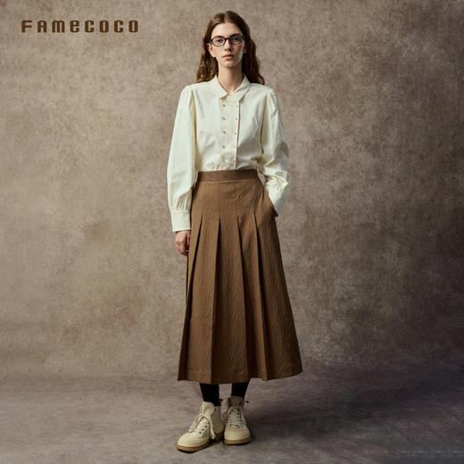 Famecoco范可儿高腰百褶A字裙中式提花遮肉长裙FAC8HA023 商品图2