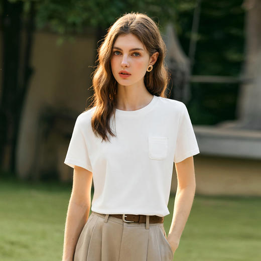 OLrain欧芮儿白色圆领T恤女冬季2024年新款通勤设计感小口袋短袖 商品图1