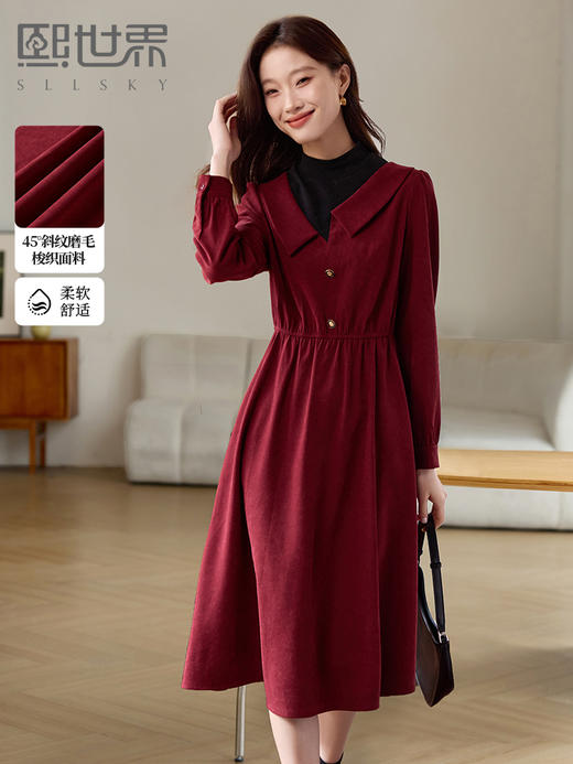 【专属特价】熙世界氛围感复古红色连衣裙假两件半高领拼接长裙2025秋冬新款 商品图0