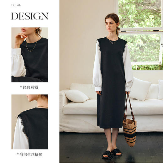 OLrain欧芮儿黑色连衣裙女春季2025新款设计感拼接蕾丝气质直筒裙 商品图2