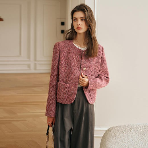 OLrain欧芮儿小香风外套女春季2025年新款安可拉红圆领粗花呢上衣 商品图4